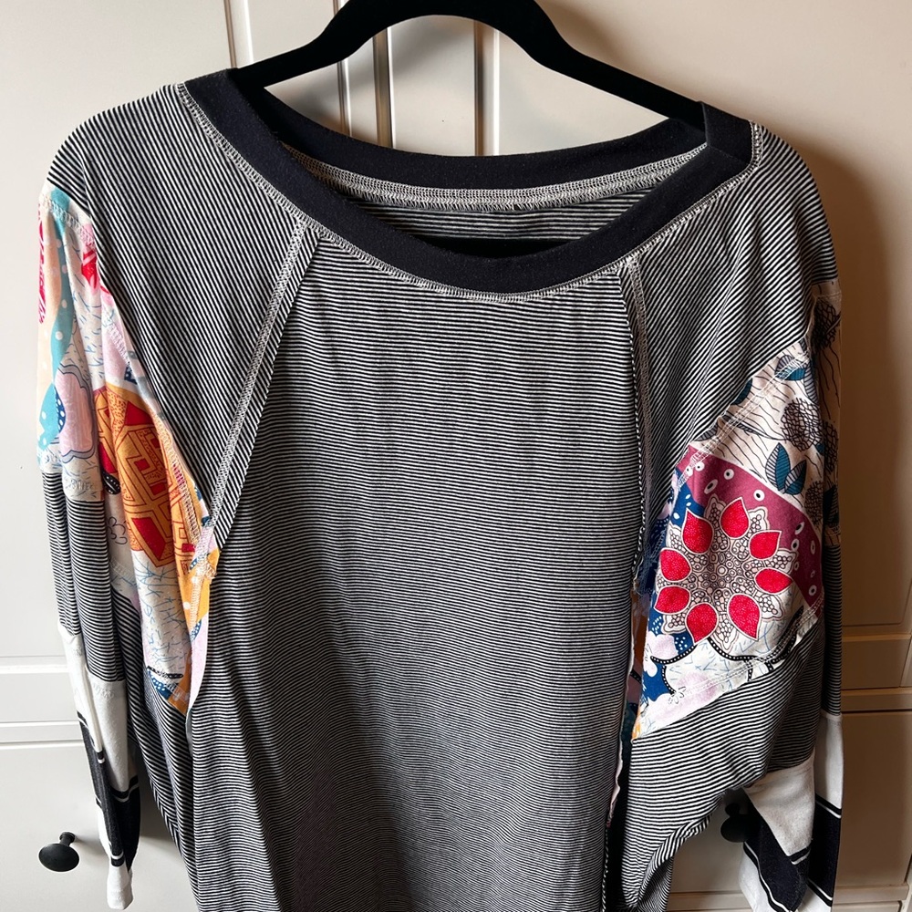 Striped Black & White Pullover Top with Multicolor Floral Sleeve Panels
